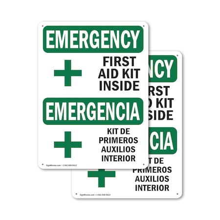 Signmission First Aid Kit Inside Bilingual, 12 in W x Rectangle, Aluminum OS-2PACK-EM-A-1218-L-10322